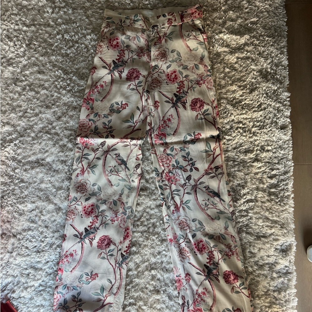 Zara Floral Boot-Cut Pants in Cream and Pink